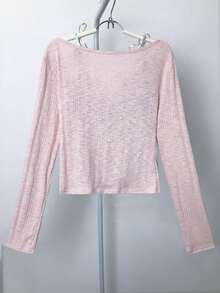 Set de 2 piezas: Camiseta de encaje de estilo coreano de primavera y top ajustado de manga larga con hombros descubiertos - Rosa - Ver 8