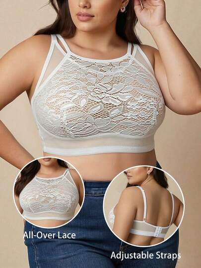 Plus Size Women Wireless Bralette, White Mesh Sexy Hollow Out Comfortable Soft Cup Bra, Thin Lingerie For All Seasons