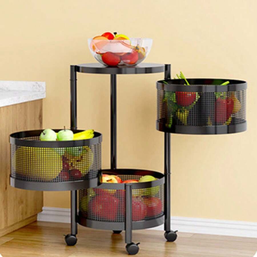 Drehbares Aufbewahrungsregal für die Küche, 3-stöckiger drehbarer Obstkorb auf Rollen, robuster Küchenwagen für Kartoffeln, Zwiebeln und andere Lebensmittel, mehrschichtiger abnehmbarer Korbregal-Orga - Schwarz - Übersicht 1