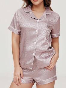 2 Stücke Damen Leopard Muster Kurzarm Schleife Dekor Shorts Pyjama Set, bequemer Kragen Satin Drapierung Strick Top mit offener Knopfleiste, Taschen, Elastikbund Hose, geeignet für alle Jahreszeiten als Freizeitkleidung - Mauve - Übersicht 5