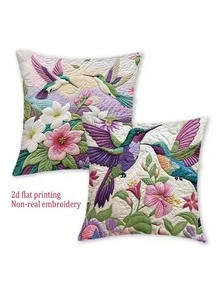 2pcs 2D Hummingbird & Floral Pattern Throw Pillow Covers, Farmhouse Style Faux Embroidery Decorative Cushion Covers, 18X18 Inch, Zippered Polyester Pillowcases, Suitable For Sofa, Living Room, Outdoor Use - Multicolor - View 2