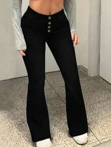 E-Girl Multi-Button Flare Jeans High Waist Stretchy Slim Hip-Lifting Daily Commute Pants - Black - View 3
