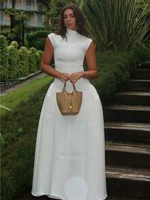 European And American Style Women's Clothing Autumn New Solid Color Sleeveless Fashion Temperament Dress Slim Pleated Long Dress - 白色 - 查看 3