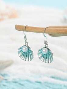 2pcs Popular Women's Fashion Casual Cute Pearl Shell Pendant Earrings, Wedding Engagement Party Jewelry Gift - Silver - View 3