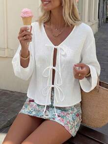 Casual Textured Plaid Lace-Up Loose Blouse For Women, Everyday Wear - White - View 6