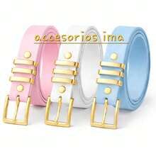 Set Of 3 Women's Belts With Square Buckle, Casual Style - 嬰兒粉,白色,嬰兒藍 - 查看 1
