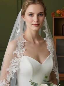 1pc Romantic Lace Trim Bridal Veil With Faux Pearl Decor, Available In Multiple Lengths, Includes Hair Comb, Suitable For Proposal, Engagement, Wedding, And Civil Ceremony Valentine's Day Accessories - M168 - View 4