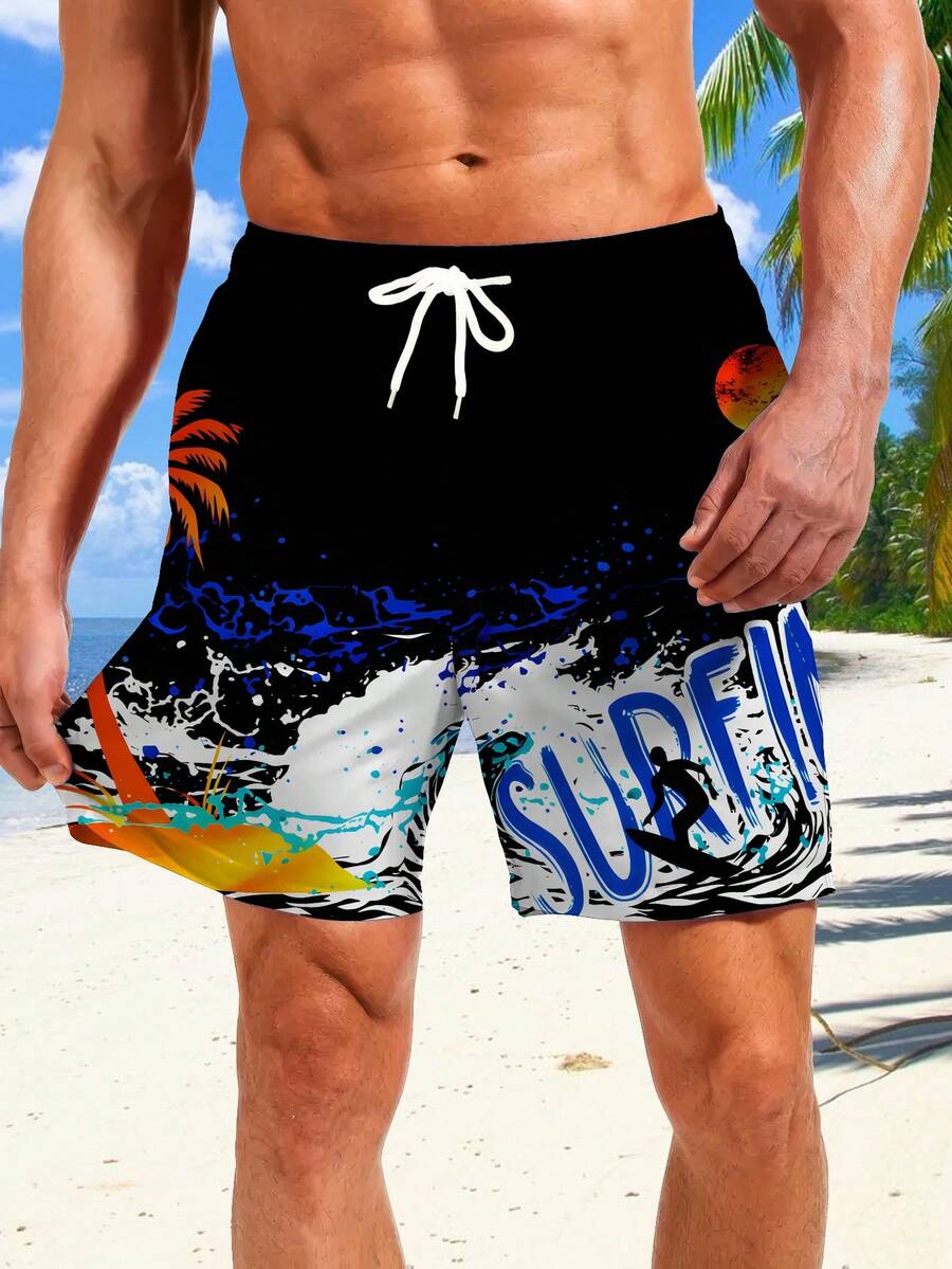 男士夏季抽绳腰带美式冲浪涂鸦速干沙滩短裤 - 彩色 - 查看 1