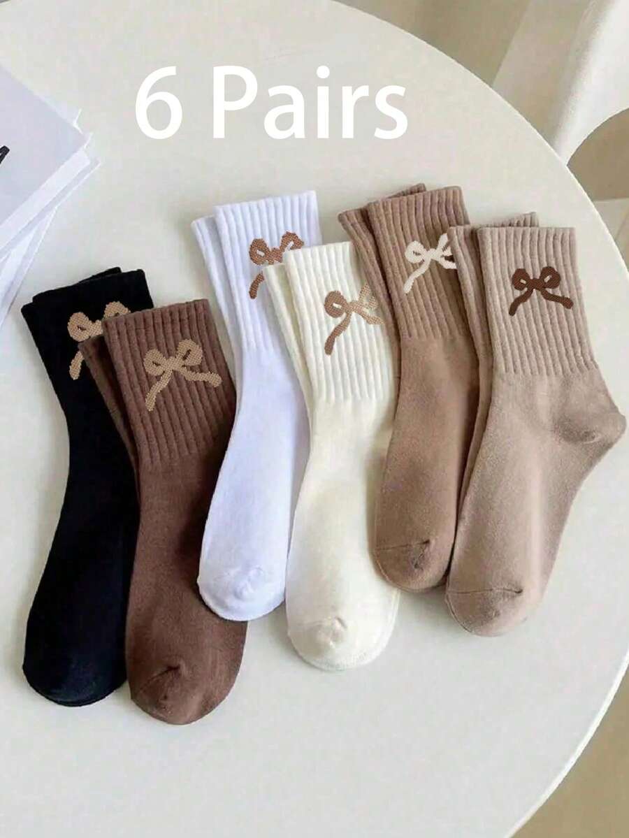 6 Pairs Children's Solid Color Bow Design Mid-Calf Socks, Spring/Summer - Multicolor - View 1