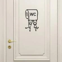 1 pieza Pegatina de vinilo con patrón de "WC" de dibujos animados - Decoración de pared de baño humorística, fácil de instalar, adecuada para decoración y accesorios de baño - A - Ver 4