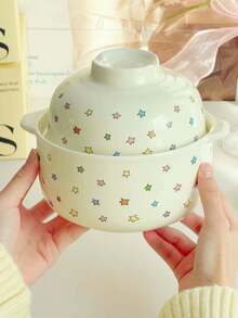 Bộ 1 bát có nắp hình ngôi sao nhiều màu sắc sáng tạo, bát mì ramen bằng gốm sứ cao cấp dễ thương, bát ăn có quai xách đôi, bộ bát trộn cơm, bát dùng cho một người trong nhà hàng, thích hợp làm quà tặng, tiệc tùng. - trắng - Xem 12