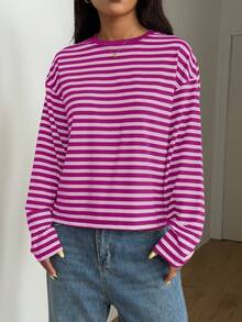 Women's Casual Top, Striped Color Block Ribbed Fabric, Suitable For Spring And Autumn - Hot Pink - View 10