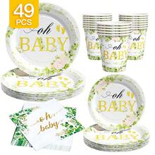 Green & Gold Greenery "Oh Baby" Disposable Plates, Napkins, Cups - One Time Use Party Set, Serves 8 Guests, Suitable For Birthday, Wedding, Theme Party, Family Picnic - Multicolor - View 1