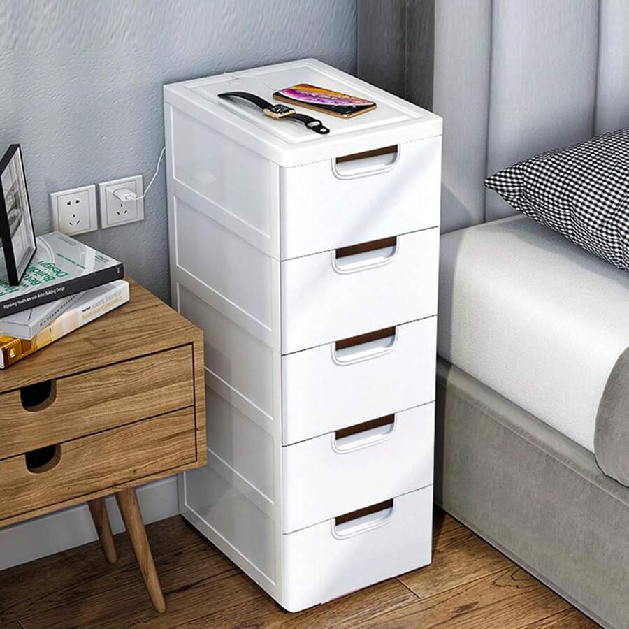 Plastic Drawers Dresser Storage Cabinet With Wheels,5 Drawer Stackable Vertical Clothes Storage Tower,Organizer Unit For Bathroom Entryway Bedroom Living Room,White - 白色 - 查看 1