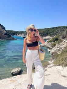 Women's Solid Color Elastic Waist Knit Beach Pants White - White - View 3