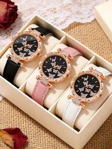 3件套青少年石英表，时尚休闲蝴蝶镶嵌设计，生日、开学、圣诞节、新年、情人节最佳礼物（无包装盒） - 玫瑰金 - 查看 10