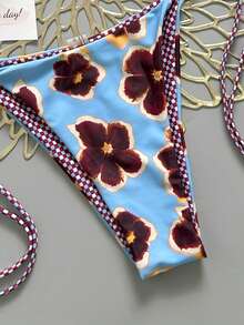 Bộ bikini nữ 2 mảnh in họa tiết hoa phối màu cổ điển, thích hợp cho bãi biển, hồ bơi, du thuyền, tiệc tùng vào mùa xuân và hè. - màu xanh da trời và tím - Xem 6
