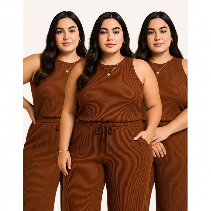 Set Of 3 Wide Leg Pants With Pockets + Women's Plus Size Tank Top - 鏽棕色 - 查看 1