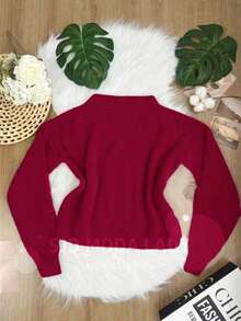 SJD MODA LADY Women's Striped Modal Knit Sweater, Solid Cropped Top For Women, Perfect For Autumn, Winter, LA Top, Off-The-Shoulder, Round Neck, Long Sleeves, Daily Wear, Office, Magazine Style, , Romantic, Retro, Casual, Chic, College, Minimalist, Versatile, Korean, Y2K, Teen, Youth - 酒紅色 - 查看 2