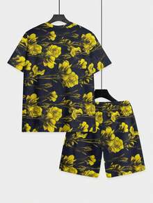 2-Piece Retro Fresh Knitted Fabric Full Rich Men's Holiday Trips Summer Black Base Yellow Floral Pattern Short Sleeve Beach Shorts Set - 彩色 - 查看 5