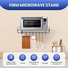 Aohuada Stainless Steel Microwave Oven Rack With 6 Hooks, 53CM Single Tier Wall Mounted Shelf For Kitchen Storage, Durable & Easy Clean, Space Saving Organizer For Microwave Oven - A - View 2