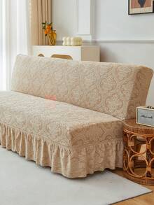 1pc Khaki Ruffled Plush Jacquard Armless Folding Sofa Bed Cover, RV Seat Slipcover, Elastic Full Coverage Polyester Sofa Protector, Removable & Washable, Suitable For All Seasons - Khaki - View 4