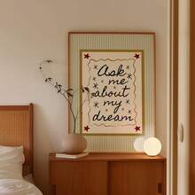 1pc Frameless Vintage Stripe Bedroom Wall Art - Mid-Century Modern Style "Ask Me About My Dreams" Hand-Print, Gold Olive Green Aesthetic Poster For Girl's Room, Home Office Classroom, Unique Artist Dorm Decor & Best Gift Choice - Stripe - View 1