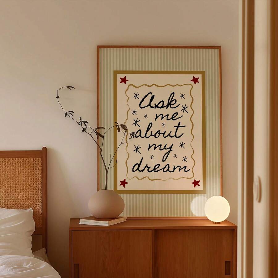 1pc Frameless Vintage Stripe Bedroom Wall Art - Mid-Century Modern Style "Ask Me About My Dreams" Hand-Print, Gold Olive Green Aesthetic Poster For Girl's Room, Home Office Classroom, Unique Artist Dorm Decor & Best Gift Choice - Stripe - View 1