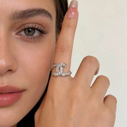 1 pezzo Anello aperto minimalista con strass, anello da dito di design unico e luccicante di lusso