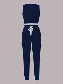 Conjunto de 2 piezas de top sin mangas de unicolor casual de verano y pantalones largos con bolsillo y cintura elástica para mujer - azul real - Ver 7