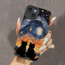 Adorable Anime Starry Sky Cat Pattern Phone Case Compatible With IPhone 17 Pro Max 17 Pro Air 16 15 14 Pro Max Plus 13 12 11 Pro Max XS XR X 7 8 Plus 16E 12 13 Mini, Black Soft Shockproof Protective Cover - Black - View 3