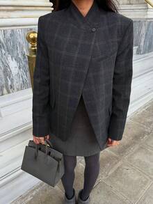 Áo khoác blazer nữ in họa tiết kẻ caro, kiểu dáng thời trang cổ đứng tay dài cài một nút, dáng ngắn, phù hợp cho công sở, đi làm và mặc hàng ngày vào mùa xuân. - Xanh đậm - Xem 7