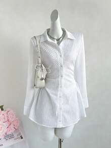 Striped Waist Pleated Slim Fit Long Sleeve Shirt Dress, Fashionable Minimalist Casual Dress For Commuting, Spring/Autumn, Suitable For Holidays, Graduation Season, Back To School, Dates - White - View 3