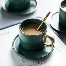 Matte Porcelain Cup And Saucer Set With Gold Trim 6oz Tea Cup Coffee Cup With Gold Spoon - màu đen - Xem 6