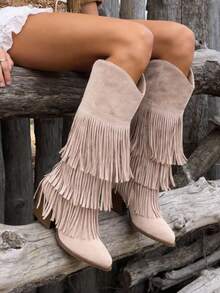 Women's Vintage Style Fringe Cowgirl Boots Pointed Toe Pull On Block Chunky Heel Country Concert Outfits Knee High Western Cowboy Boots - 杏色 - 查看 4