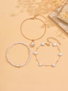 Set de 3 piezas Estilo océano de verano Colgante de tobillera con perlas falsas, pequeños peces de metal y conchas marinas, Joyería de cadena hecha a mano con perlas falsas y conchas, Adecuado para uso diario y viajes a la playa - Multicolor - Ver 2