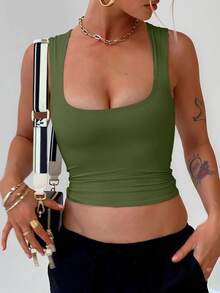 Women's Solid Color Double-Layer Pleated Square Neck Camisole, Spring/Summer Casual - Olive Green - View 4