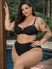 Plus Size Half Cup Bikini Set With High Waist And Adjustable Ties - Ana Ruga Women's - 黑色 - 查看 2