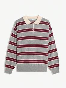 HZXVIC 2026 New Retro Contrast Striped Polo Collar Casual Versatile Knit Sweater Spring - Grey - View 10