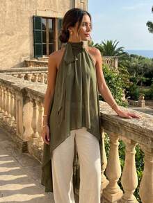 Womens Halter Neck Long Tops Summer Fashionable Dot Print Backless Going Out Vest - Army Green - View 2