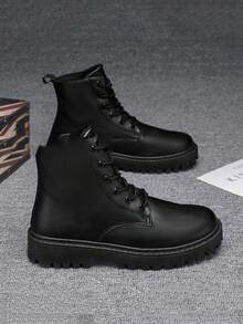 Men's High Top Boots, Autumn/Winter, All-Match Black Leather Casual Shoes, Wear-Resistant Low-Cut Cargo Shoes, New Fashionable Casual Shoes Go With Dress, Western Style Punk Lace-Up Metal Eyelets Holiday - Black - View 10