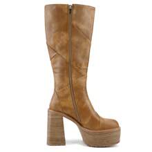 Knee High Platform For Women Chunky Round Toe High Heel Motorcycle Combat Punk Tall Boots With Side Zipper - 棕色 - 查看 7