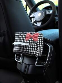 1pc Houndstooth Bow Tie Car Tissue Box, Houndstooth Car Sunvisor Tissue Holder, Multi-Function Napkin Box Auto Accessories - A - View 8