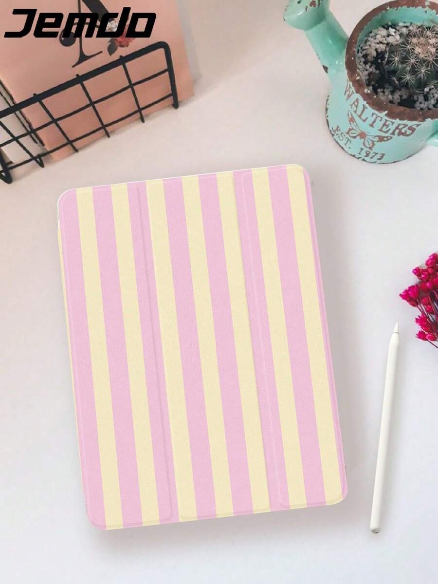 Minimalist Stylish Bicolor Striped, Pink And Yellow Striped Print Tablet Protective Case, Compatible With IPad 10.2 Inch, IPad Pro 2021/2020, IPad 9th/10th Gen, Galaxy Tab A8 10.5 Inch 2022, Matepad 10.4/Tab, Anti-Drop, With Pen Slot, Support Sleep/Wake - Multicolor-1 - View 1