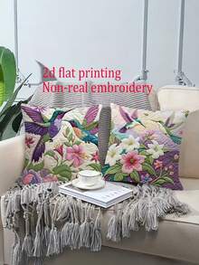 2pcs 2D Hummingbird & Floral Pattern Throw Pillow Covers, Farmhouse Style Faux Embroidery Decorative Cushion Covers, 18X18 Inch, Zippered Polyester Pillowcases, Suitable For Sofa, Living Room, Outdoor Use - Multicolor - View 4