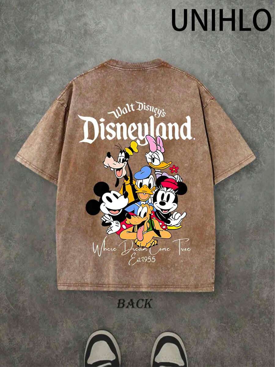 Disney UNIHLO  Mickey   Printed Summer Heavyweight Retro Washed Street Fashion Casual T-Shirt - Màu nâu  Mocha - Xem 1