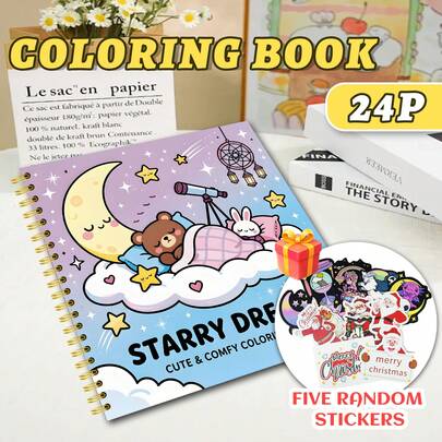 GDTME 1本“甜蜜梦境系列”涂色书，描绘了泰迪熊和兔子的梦幻冒险，共24页，包含有趣可爱的故事，是放松身心、享受涂色乐趣的理想之选。也是生日、开学、复活节的绝佳创意礼物。尺寸为7.9x7.9英寸，内含5张贴纸，螺旋装订。