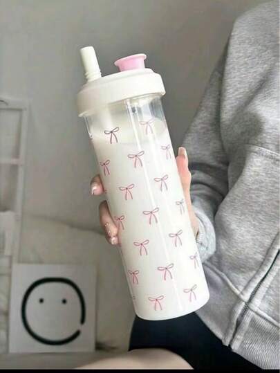 1 adet Pembe Kurdeleli Su Şişesi, Minimalist Okul Su Şişesi, Büyük Kapasiteli Pipetli Plastik Bardak Öğrenci Bardağı, Su Şişesi, Bardak, Mümkün, Su, Havaalanı, Bardak, Okul Havaalanı, Okul Havaalanı