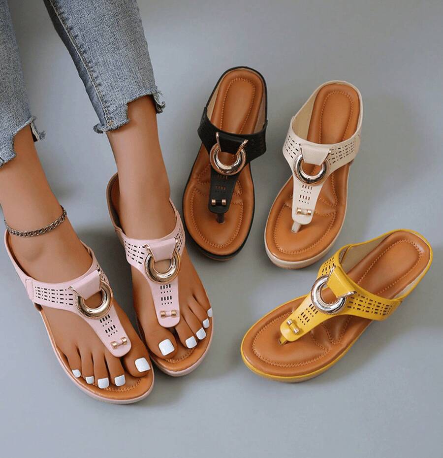 Fashion Wedge Flip-Flops Shoe, Low-Wedge Women Orthopedic Sandals Casual Flat Shoes Flip Flops Ladies Anti-Slip,Comfortable Sandals In Multiple Colors, Durable And Non Slip Beach Shoes, Suitable For Shopping And Commuting - 黑色 - 查看 1