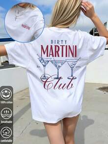 1 Piece, % Cotton. Loose-Fitting Cotton Shirt, Short-Sleeved, Crew Neck Graphic Shirt. Short-Sleeved, Crew Neck Graphic Shirt In Soft, Breathable Fabric For Everyday Wear, With Dirty Martini Club Print For Women, Summer Style Shirt. - 白色 - 查看 5